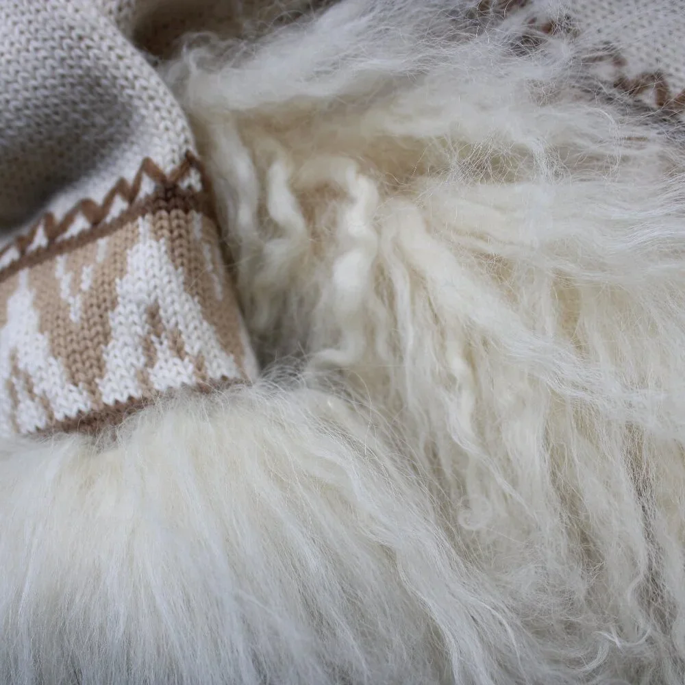 vintage Mongolian Curley lamb wool cardigan cowichan sweater jacket aplique M - Picture 12 of 12